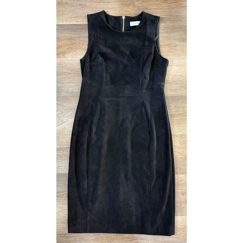 Calvin Klein Black Faux Suede Dress Size 10 Gold Zip Back Career Cocktail